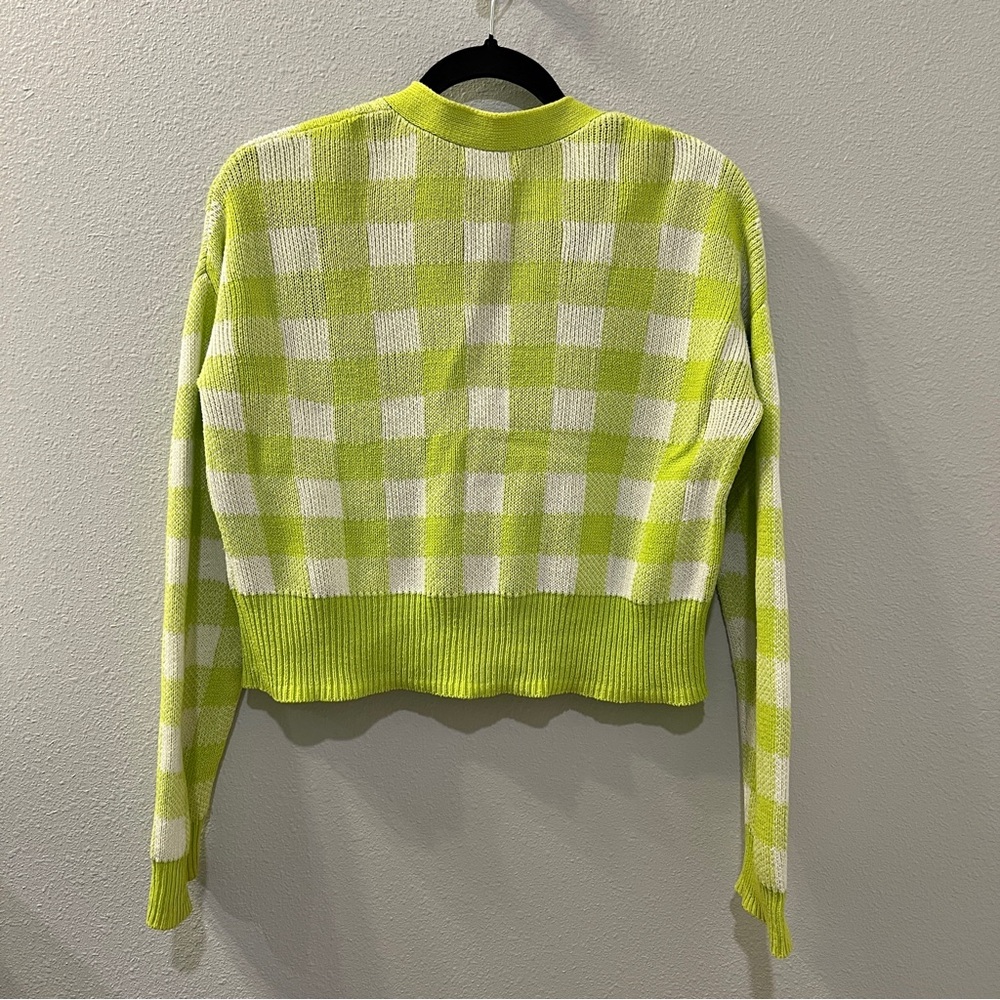 NORDSTROM BP Neon Checkered Plaid Oversized Crop Cardigan Sweater 100% Cotton - Picture 2 of 7